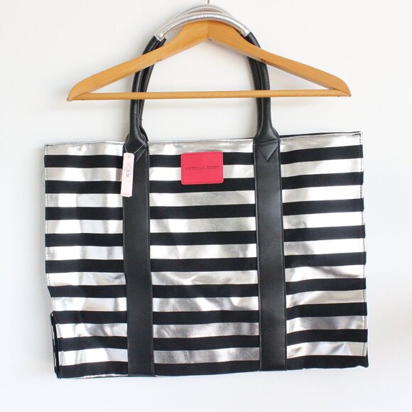 Victoria's Secret Black Silver Striped Large Canvas Tote Bag NWT - Picture 1 of 5